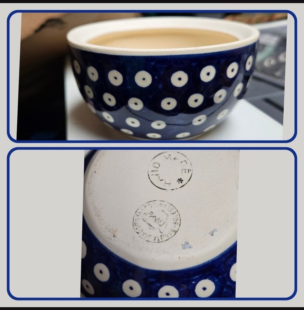VTG Boleslawiec Polish Pottery 4" Bowl Blue White Polka Dot Peacock / Owl's Eye